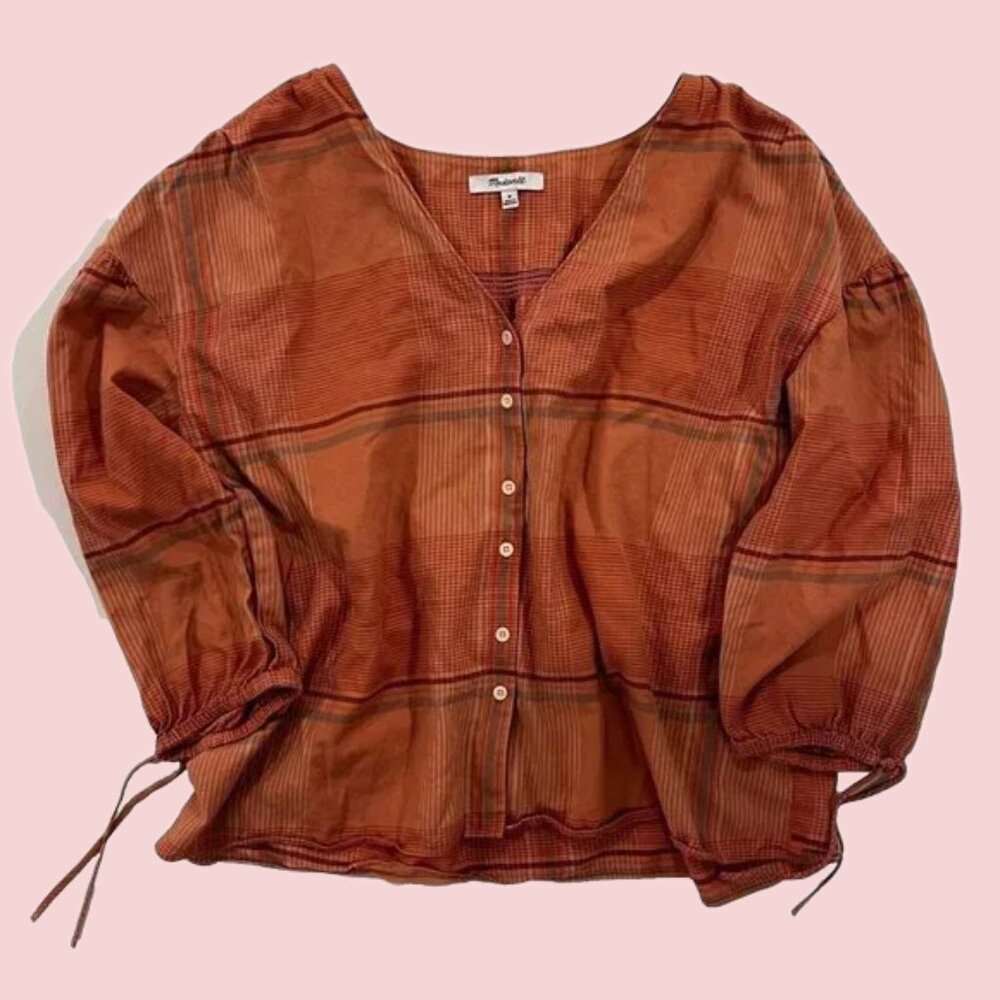 Women's Top "Madewell" 3/4 Tie-Sleeve Shirt Peach Plaid 100% Cotton Size Medium
